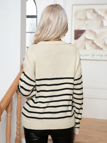 Striped Round Neck Cable-Knit Sweater.