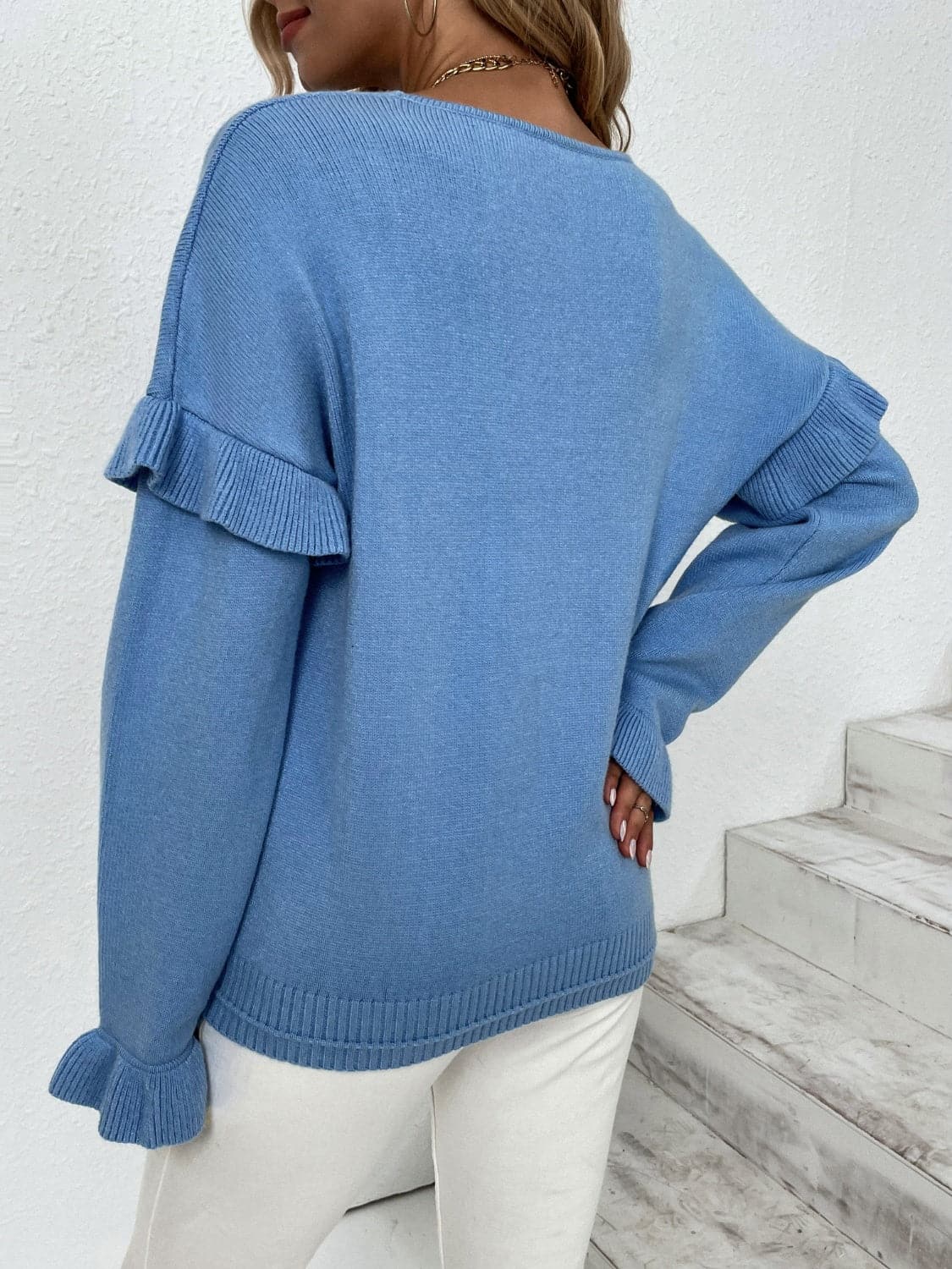 Ruffled V-Neck Dropped Shoulder Sweater.