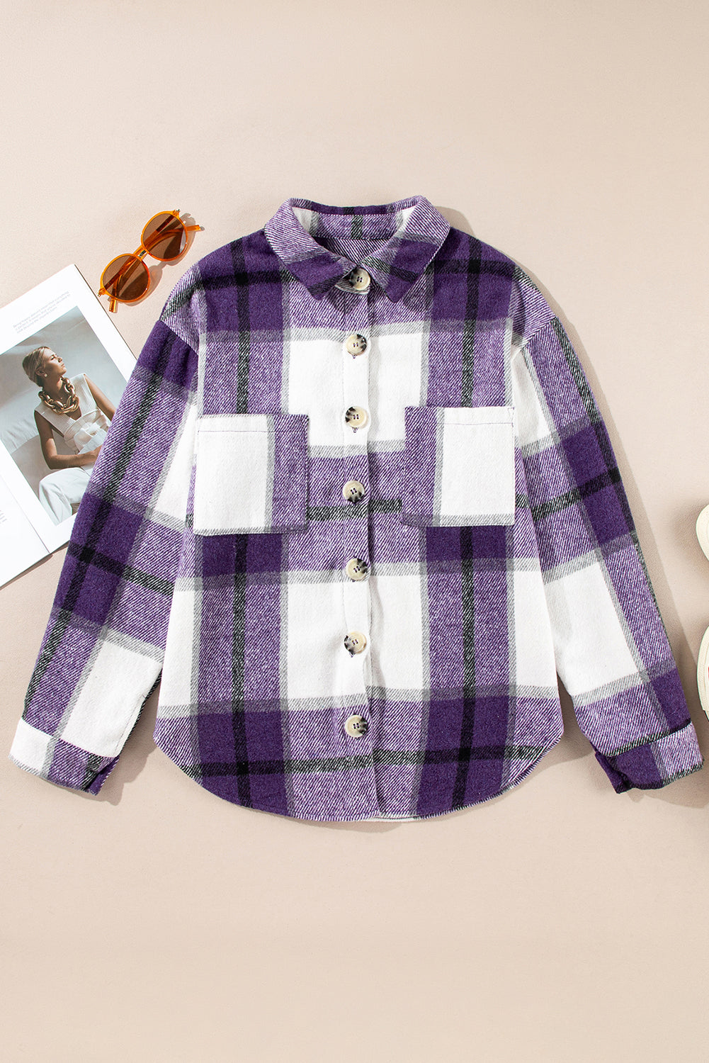 Purple Plaid Color Block Buttoned Long Sleeve Jacket With Pocket For Women Cozy Everyday Outerwear Dear-Lover Dropshipping