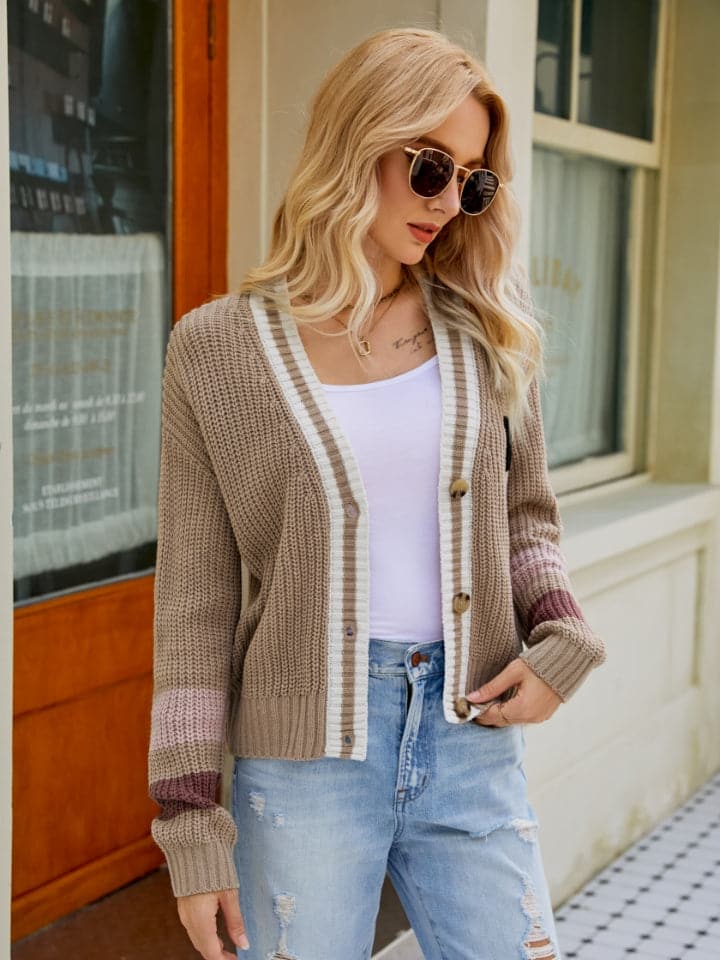 Contrast Button Up Dropped Shoulder Cardigan.