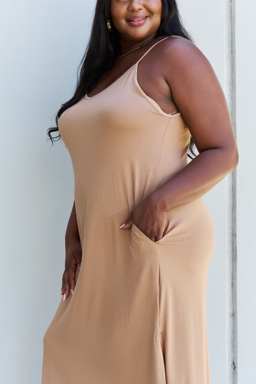 Ninexis Good Energy Full Size Cami Side Slit Maxi Dress in Camel.