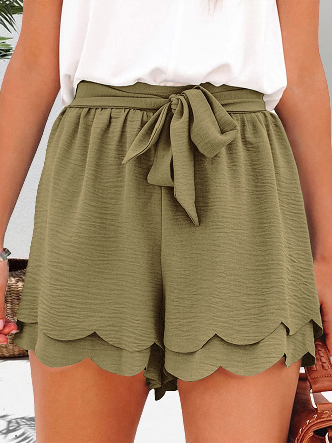 Tied Layered Scalloped Hem Shorts.