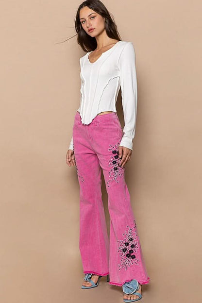 Embroidered Bohemian Flare Trousers with Raw Hem