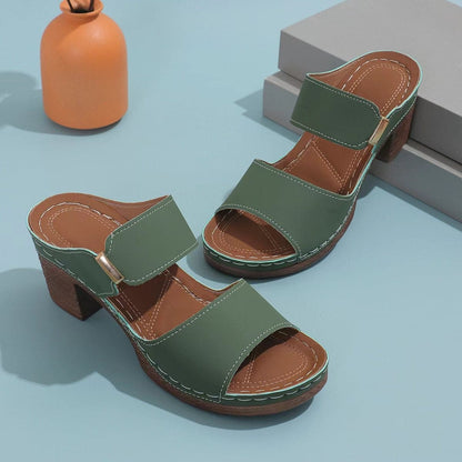 PU Leather Block Heel Sandals.