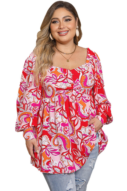 Charming red floral babydoll blouse with sweetheart neckline for plus sizes