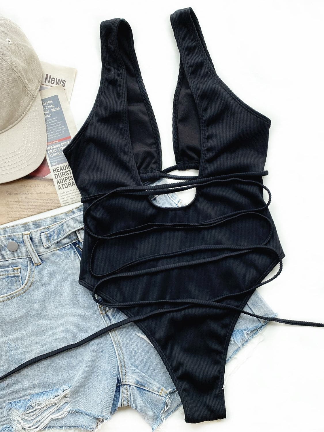 Ribbed Lace Up One-Piece Swimsuit.