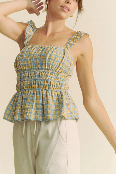 Davi & Dani Plaid Ruffled Strap Smocked Sleeveless Top - Love Salve 