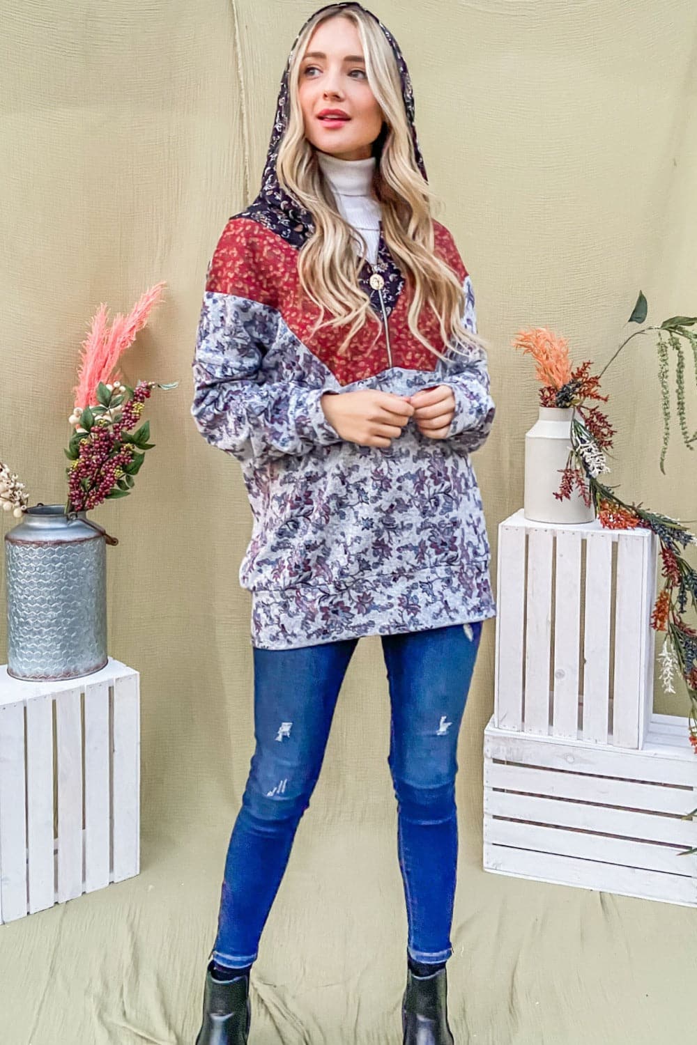 Stylish half zip hoodie with printed flair