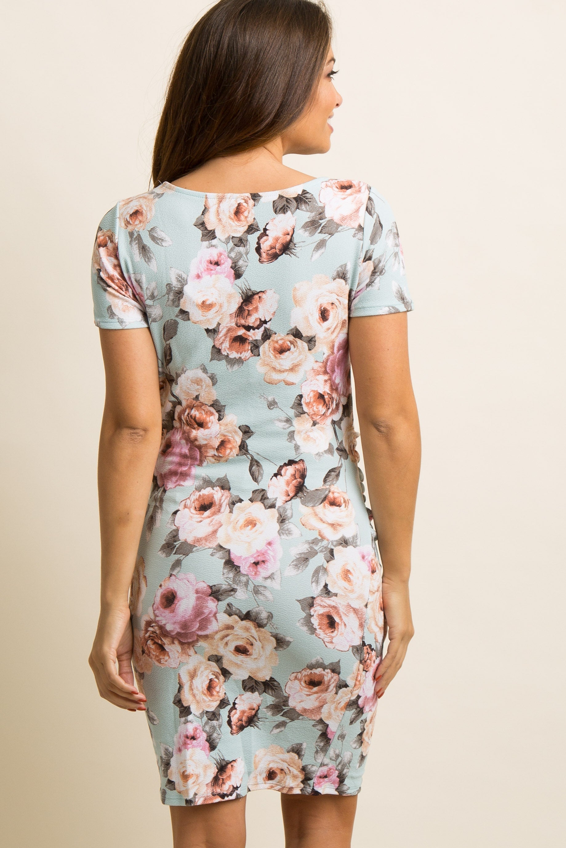 Light Blue Rose Floral Fitted Maternity Dress Short Sleeve Ruched Sides PinkBlush