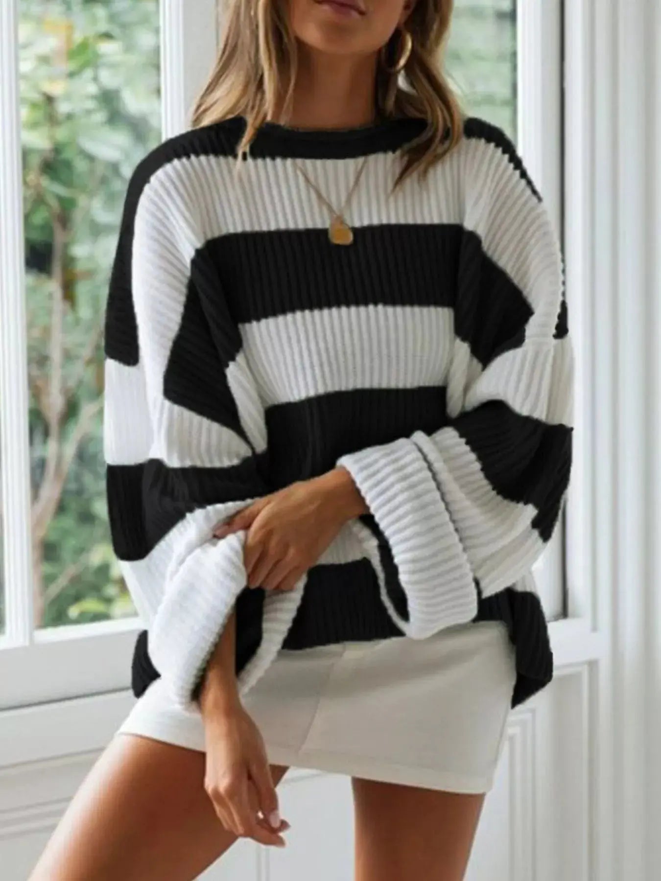 Full Size Contrast Striped Round Neck Sweater Plus Size Simply Love