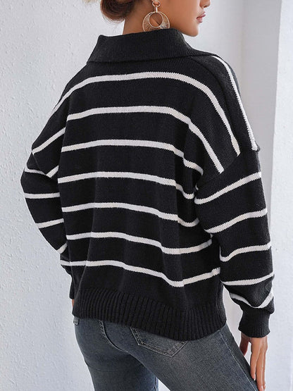 Stylish striped long sleeve sweater with Johnny collar