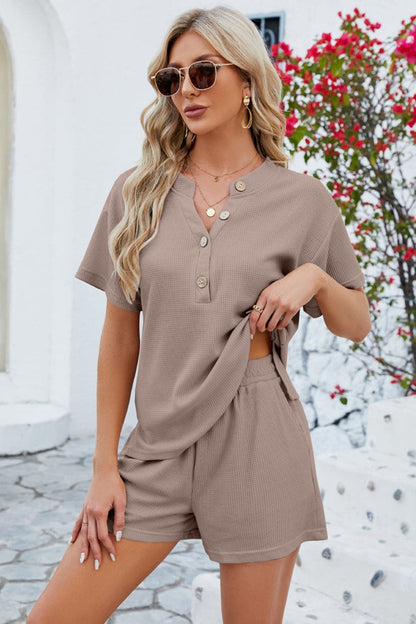 Notched Button Detail Dropped Shoulder Top and Shorts Set.