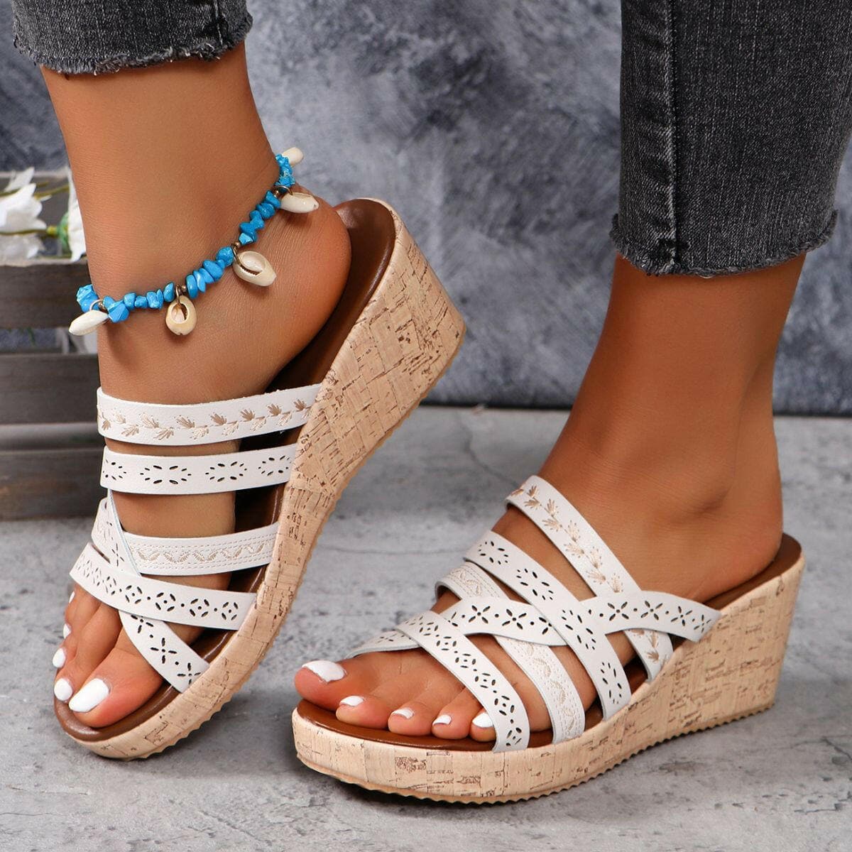 PU Leather Crisscross Wedge Sandals.