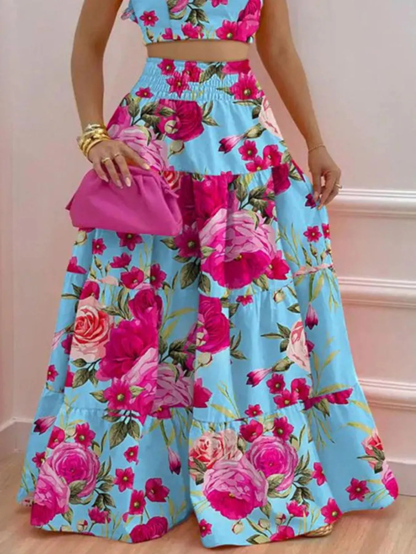 Full Size Ruffled Cami and Tiered Maxi Skirt Set Plus Size