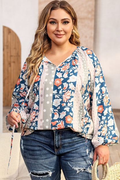 Colorful plus size mixed print blouse with split neckline