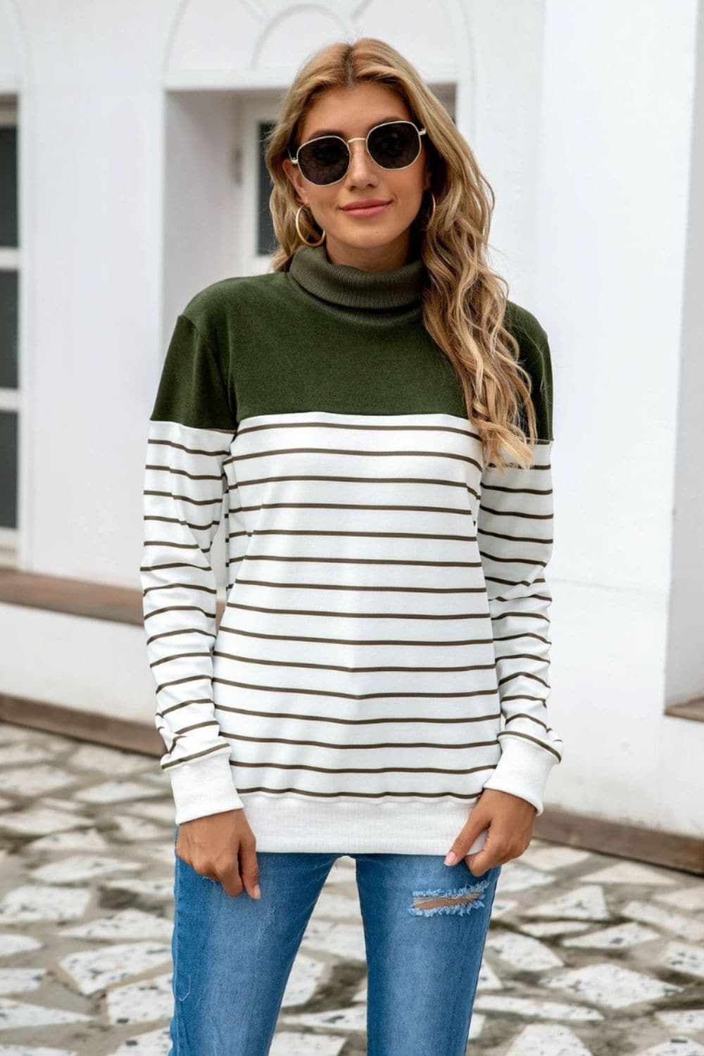 Striped Contrast Turtleneck Sweater.