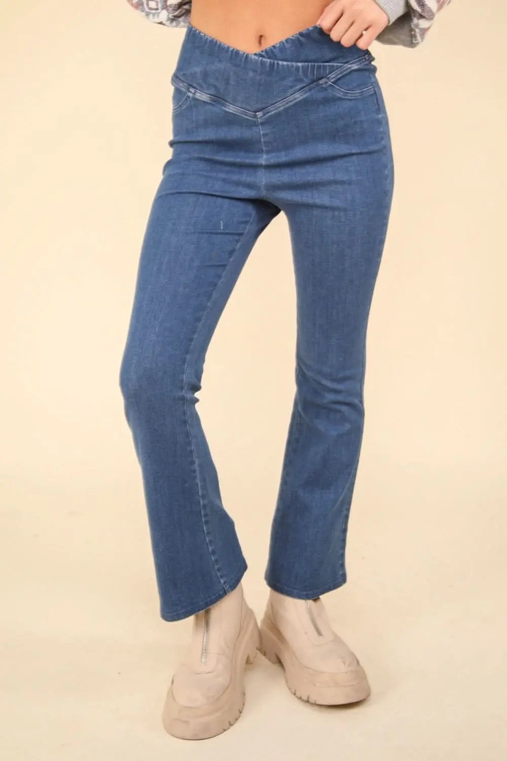 Washed denim crossover leggings - Love Salve 