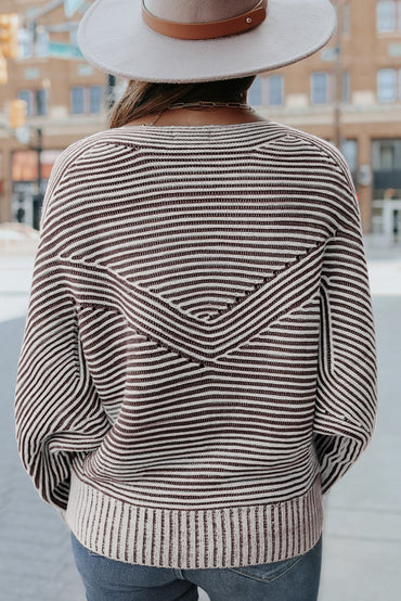 Coffee Striped Print Ribbed Knit Boat Neck Baggy Sweater