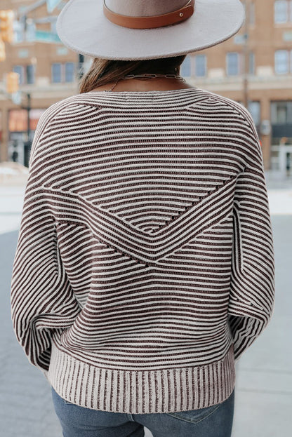 Coffee Striped Print Ribbed Knit Boat Neck Baggy Sweater