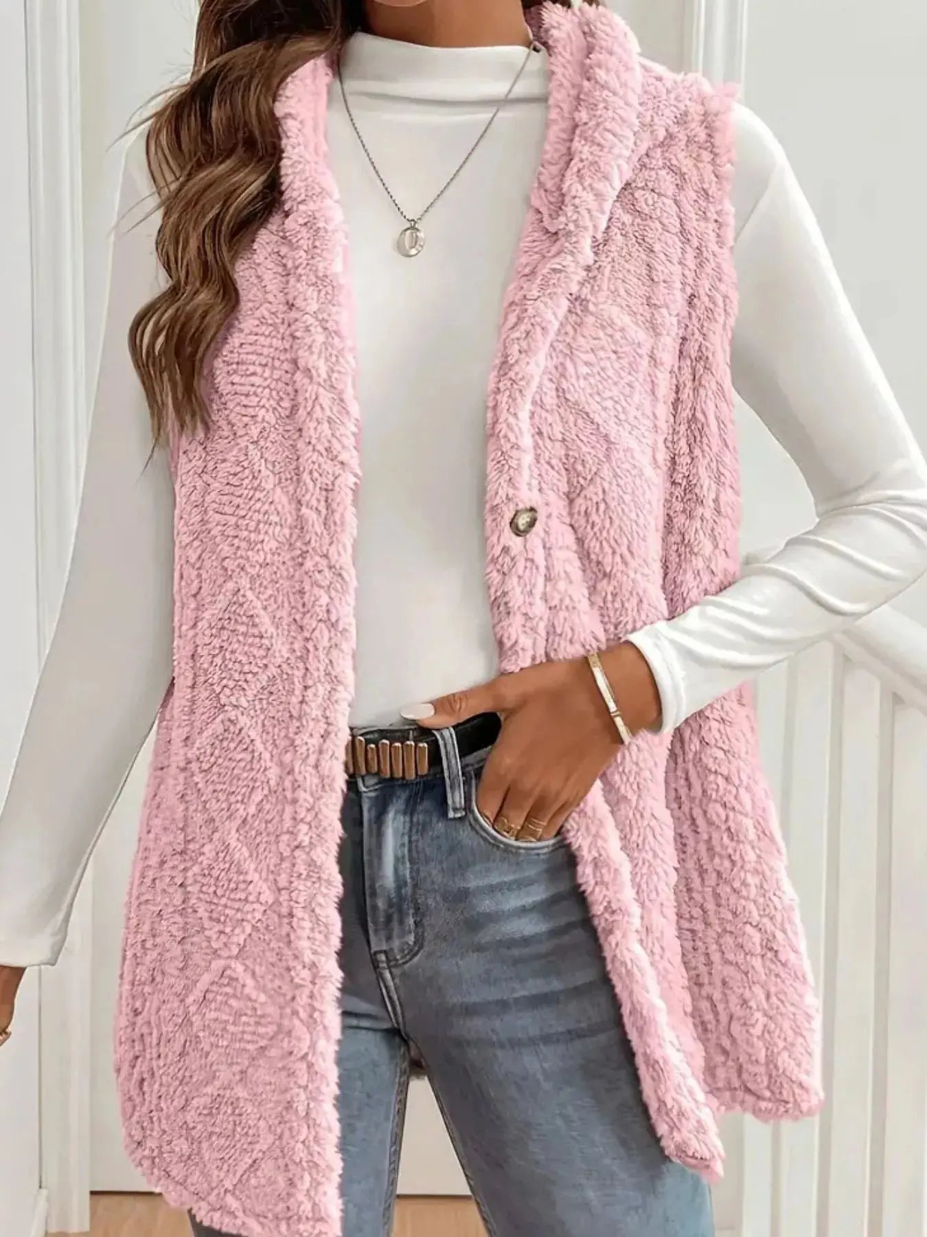 Hooded Button-Up Sherpa Vest Coat Simply Love