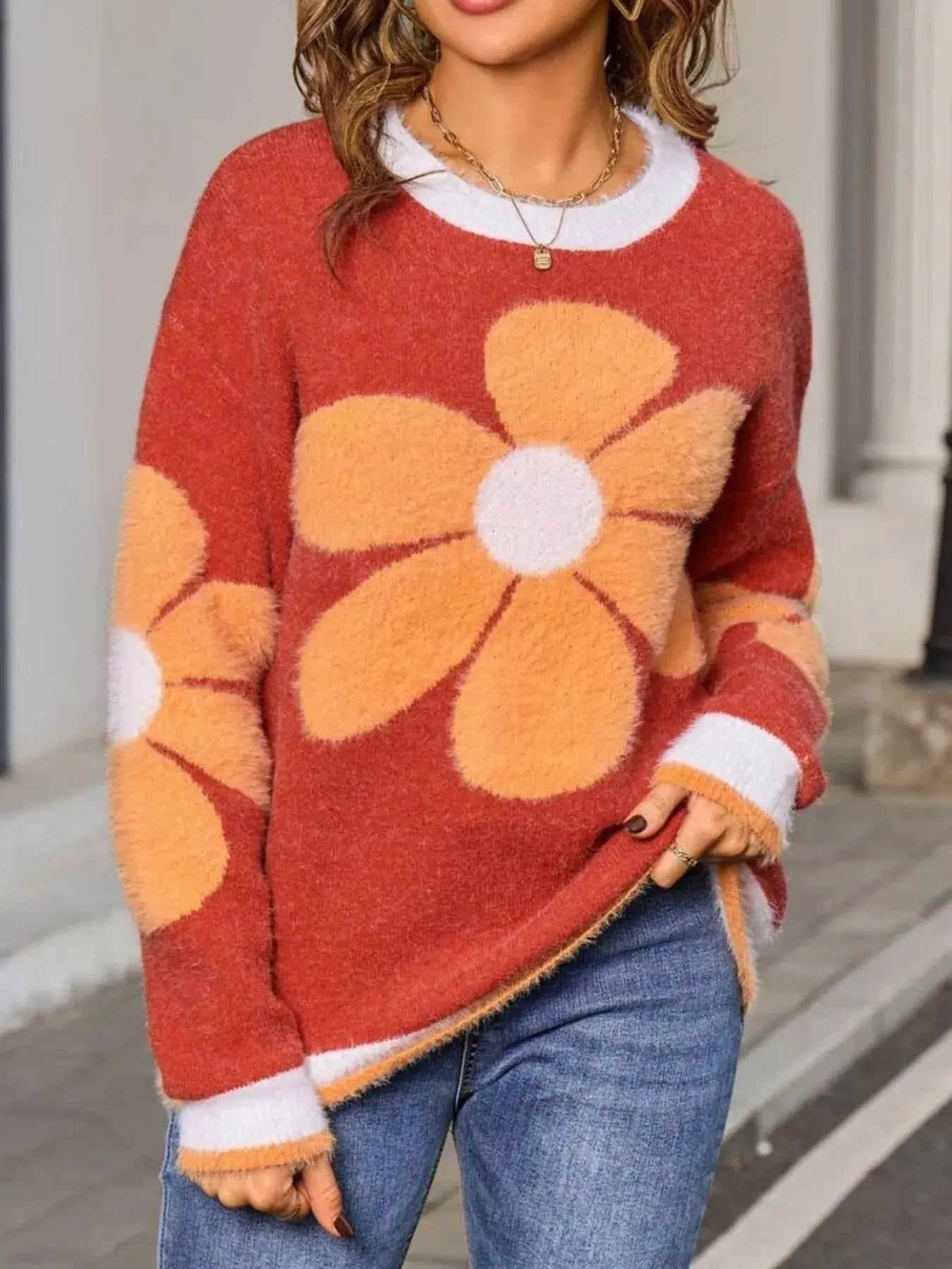 Flower Round Neck Sweater Simply Love
