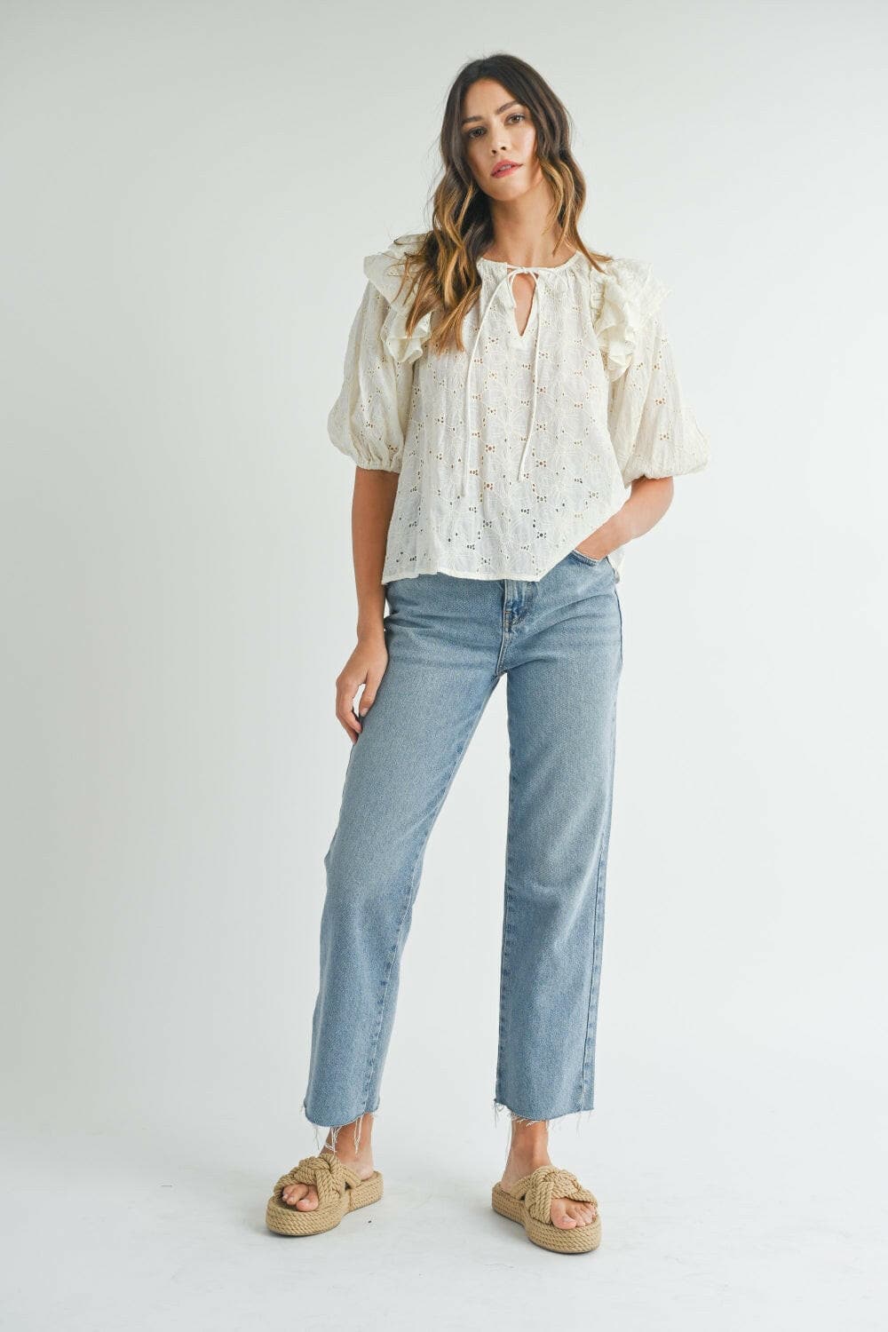 MABLE Eyelet Lace Ruffle Shoulder Puff Sleeve Blouse.