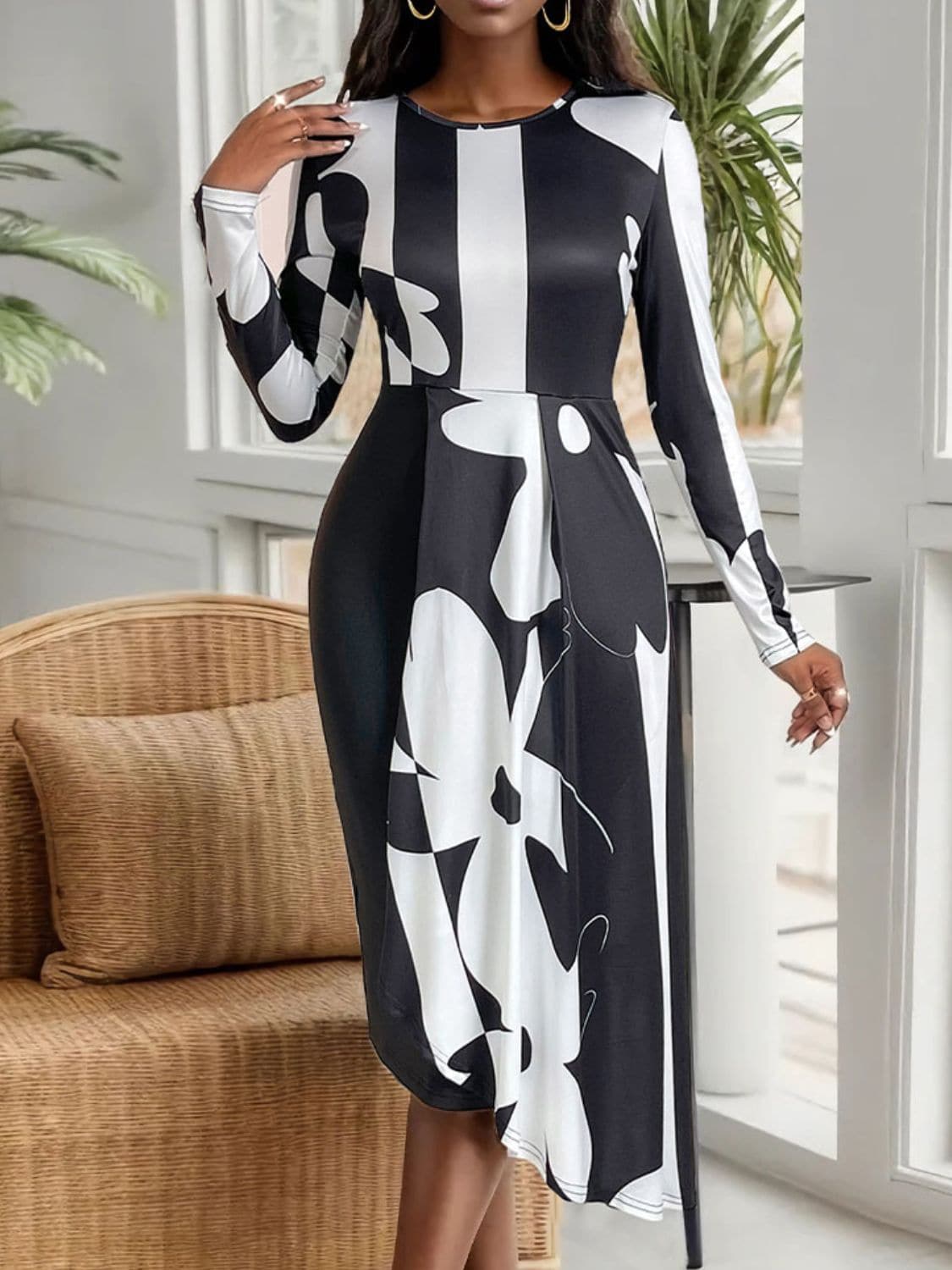 Asymmetrical Slit Round Neck Long Sleeve Midi Dress.