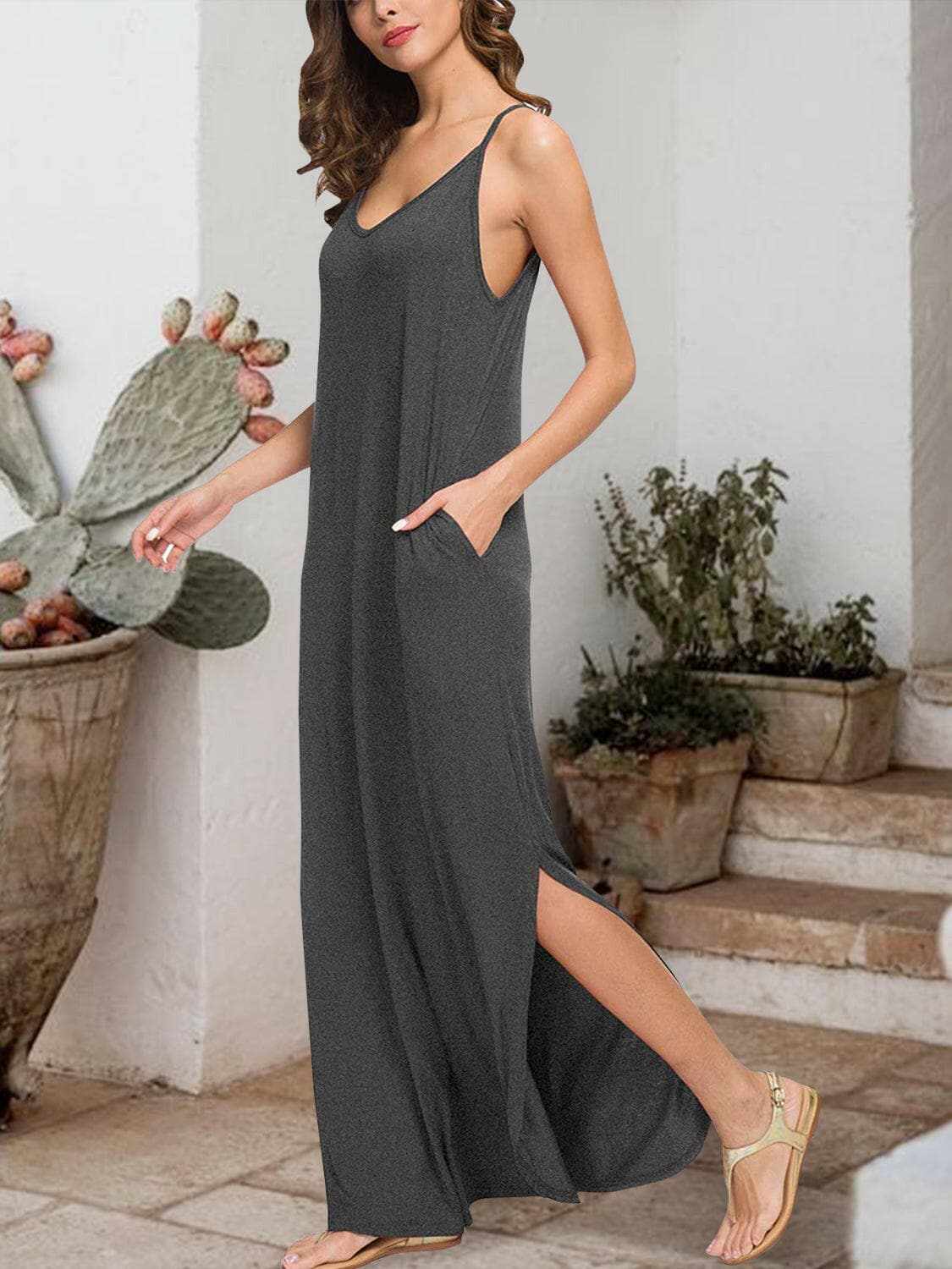 Slit Scoop Neck Sleeveless Dress.