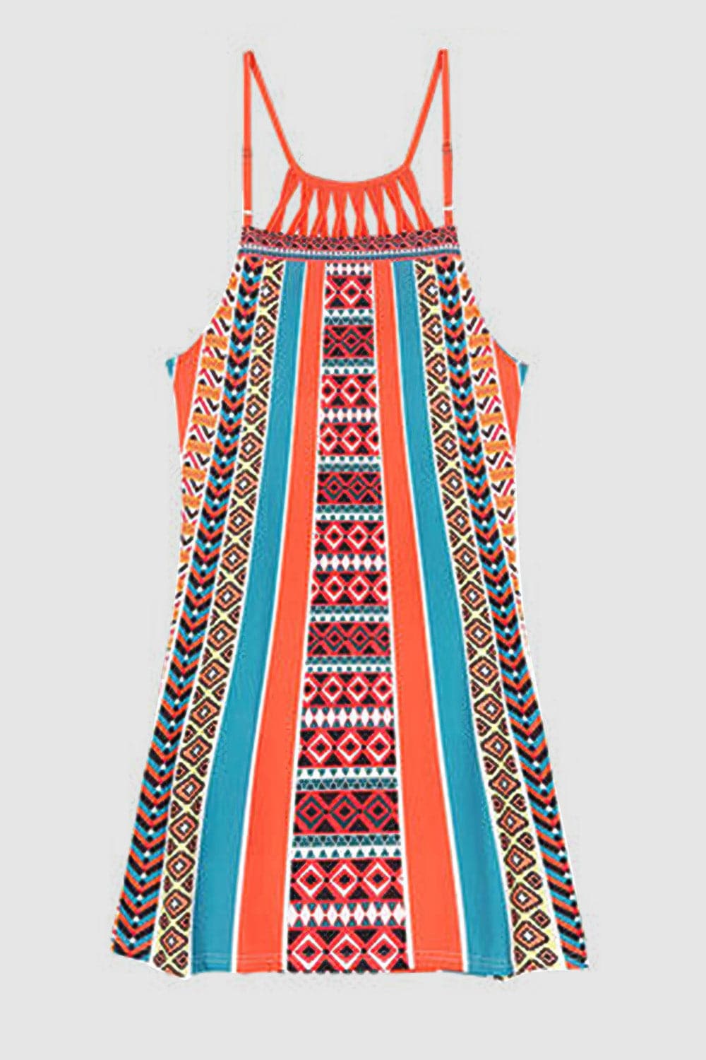 Printed Grecian Neck Mini Dress.