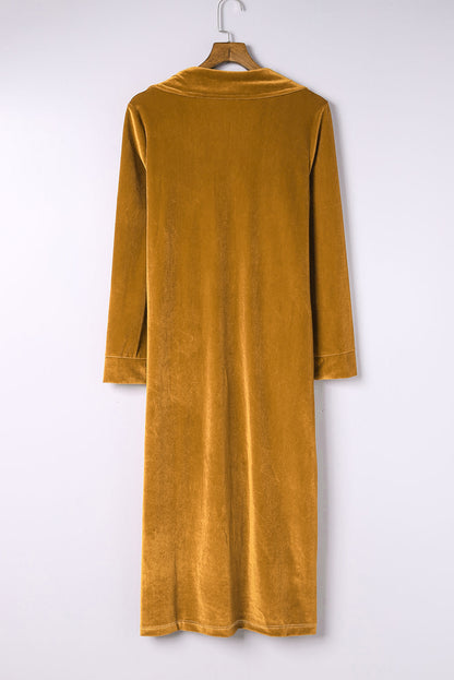 Chic yellow velvet long sleeve coat with practical pockets