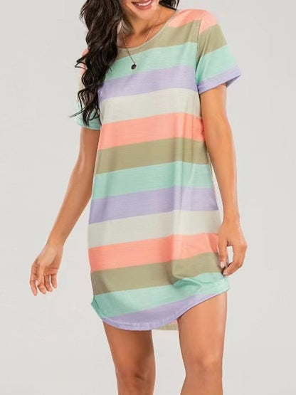 Striped Round Neck Short Sleeve Tee Dress.