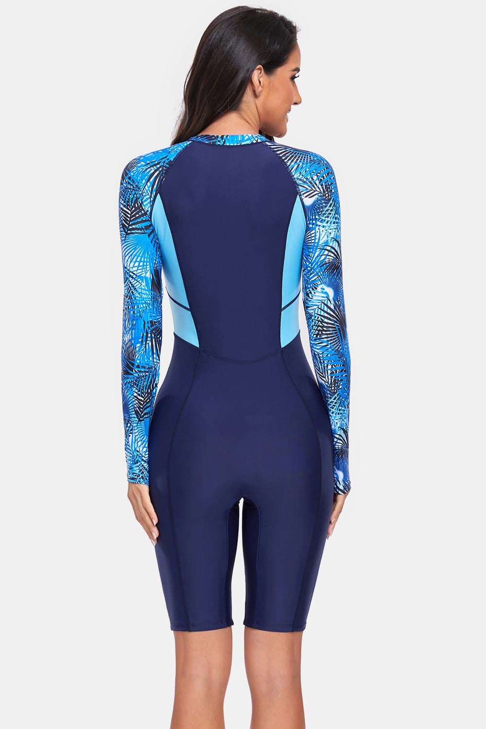 Printed Half Zip Long Sleeve One-Piece Swimwear.