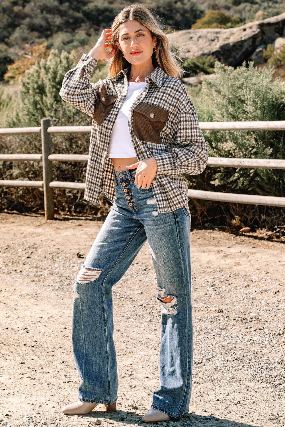 Casual Corduroy Shacket Patchwork Plaid With Flap Pockets Dear-Lover Dropshipping