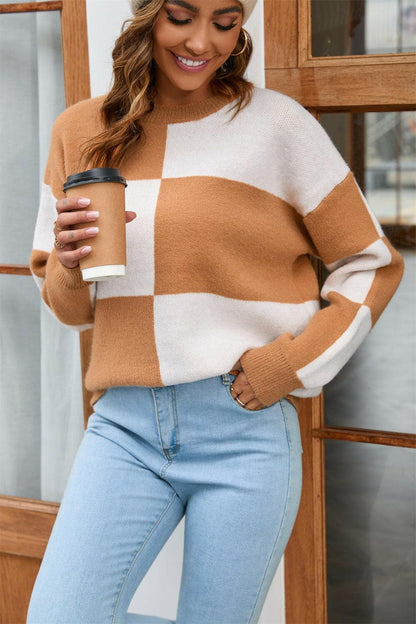 Color Block Round Neck Dropped Shoulder Sweater.