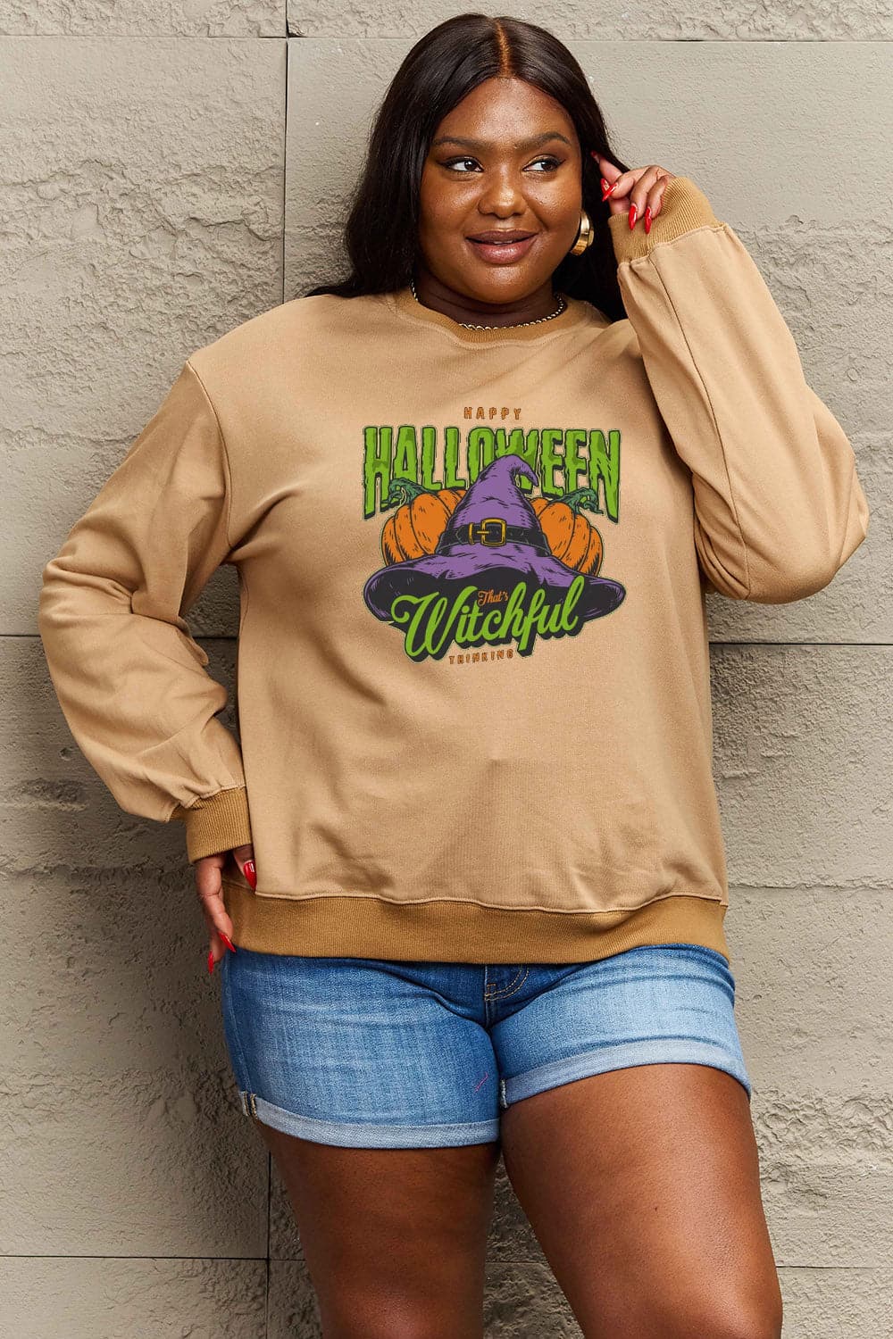 Simply Love Full Size Witch Hat Graphic Sweatshirt.