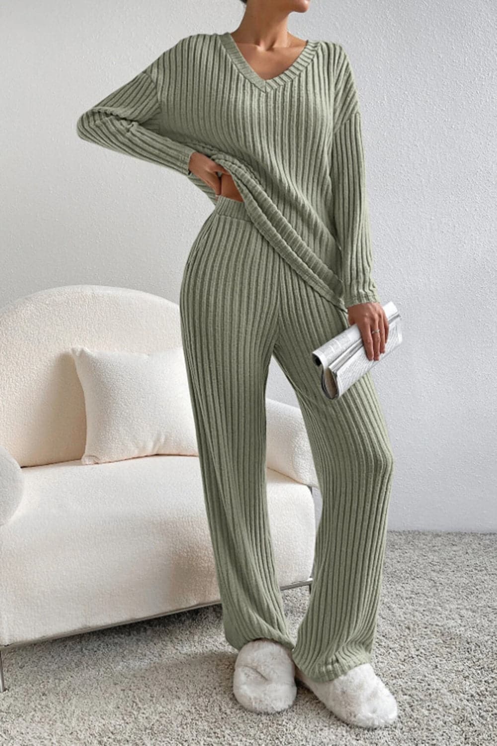 Ribbed V-Neck Top and Pants Set.