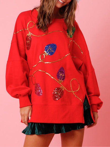 Slit Sequin Round Neck Sweatshirt.