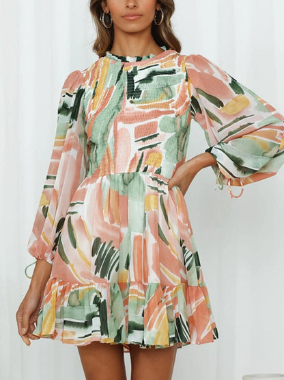 Printed Mock Neck Balloon Sleeve Mini Dress.