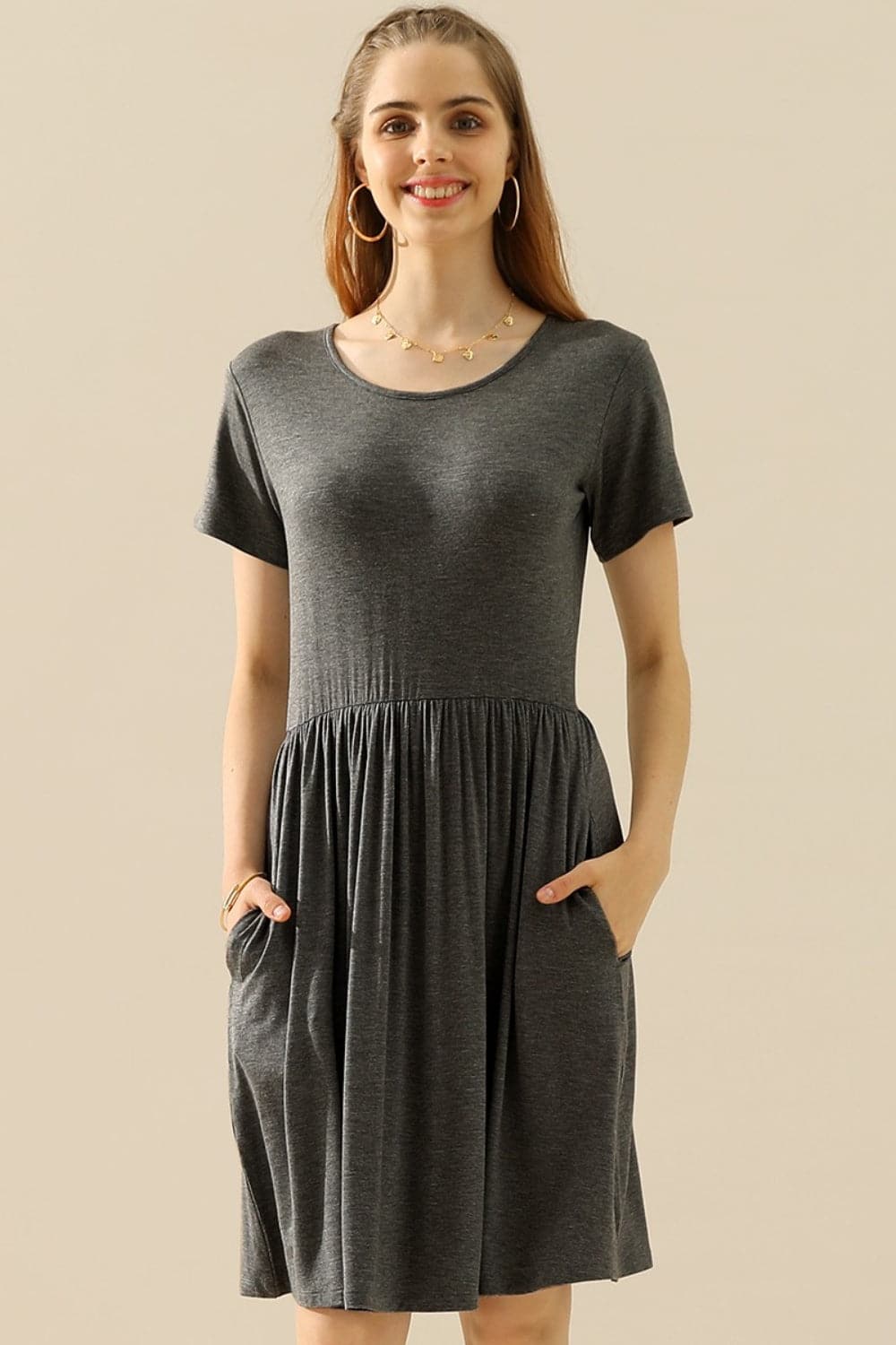 Ninexis Full Size Round Neck Ruched Dress with Pockets.