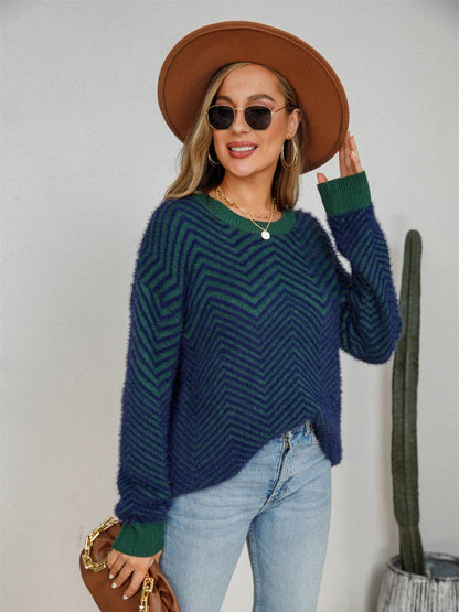 Striped Round Neck Dropped Shoulder Sweater.