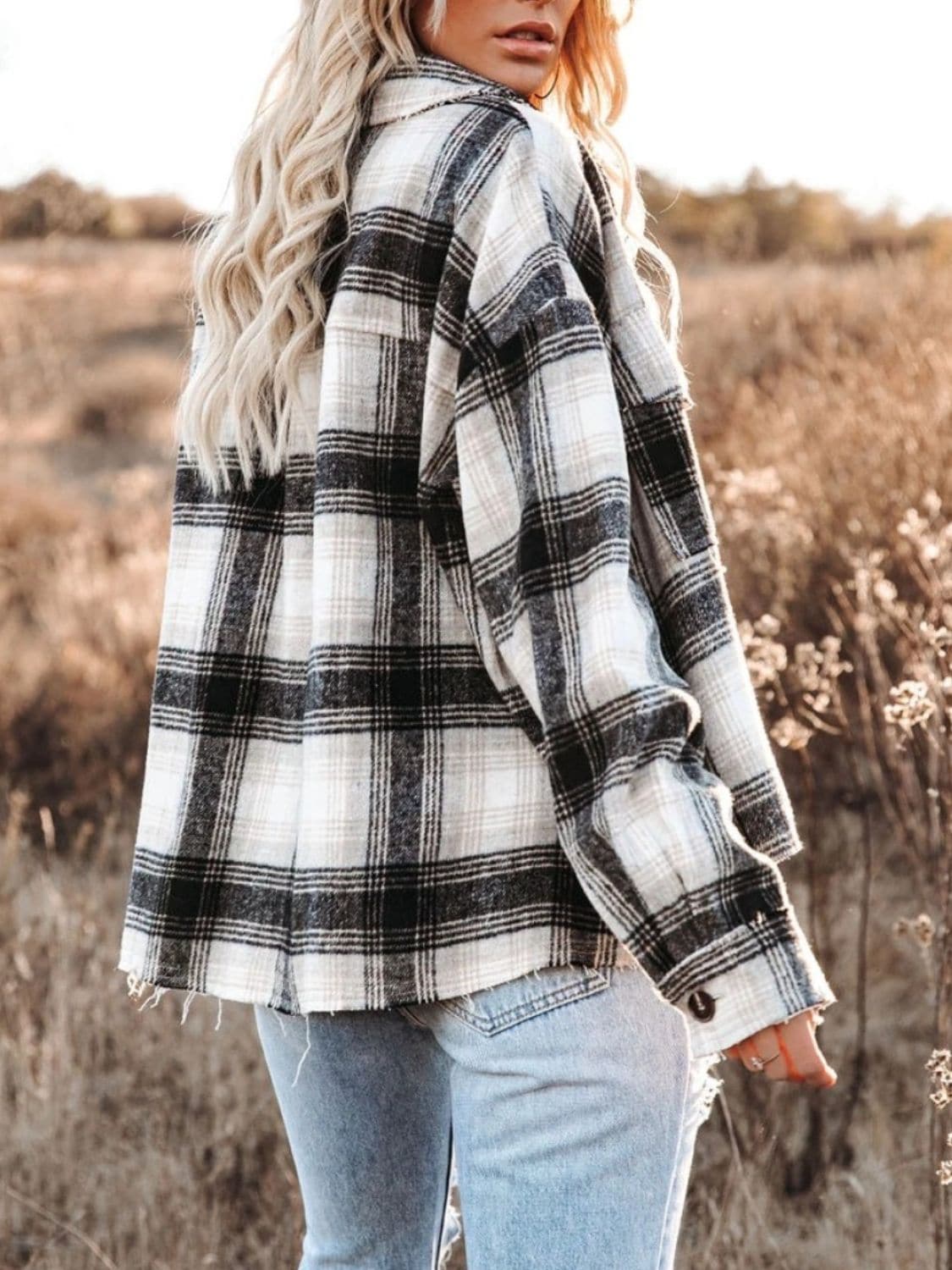 Plaid long sleeve shacket with pockets