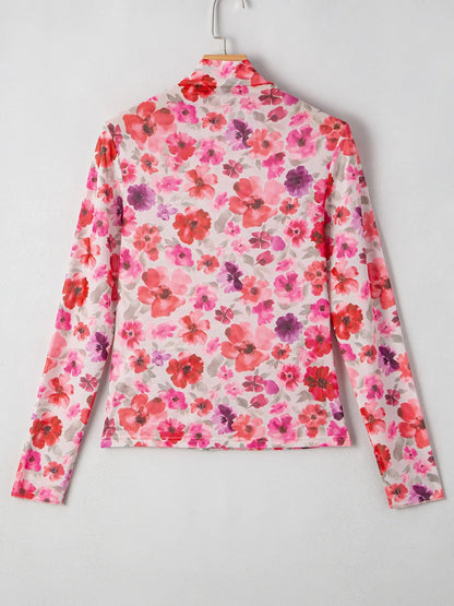Floral Mesh Long Sleeve Fitted Blouse