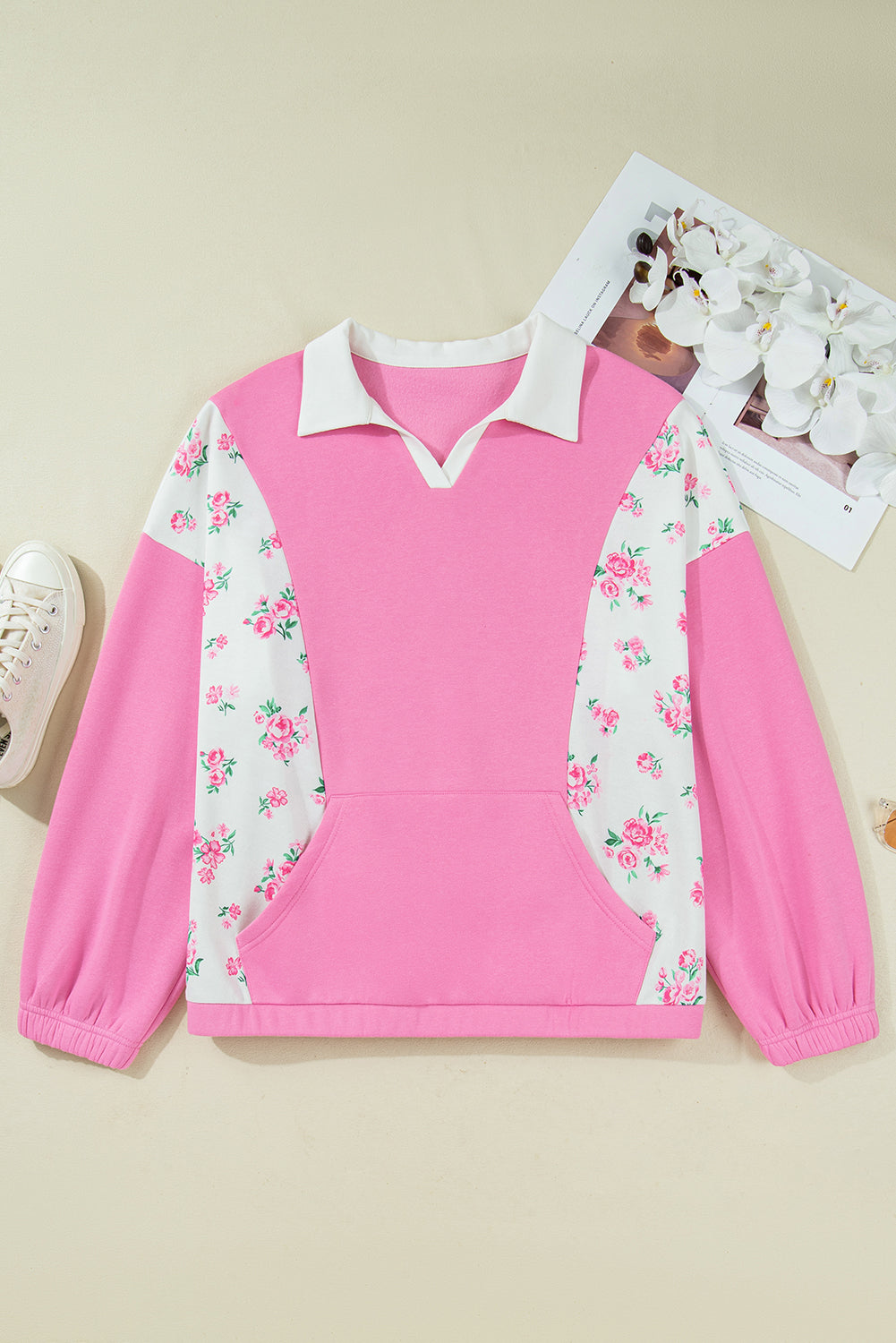 Pink Plus Size Floral Patchwork Polo Collar Long Sleeve Top Dear-Lover Dropshipping