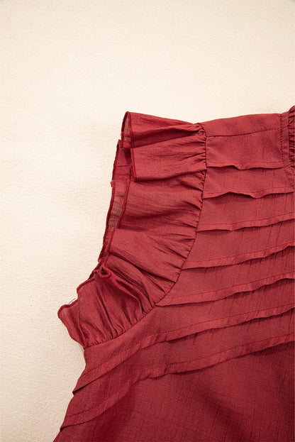 Red Dahlia Solid Color Pleated Detail Ruffle Blouse
