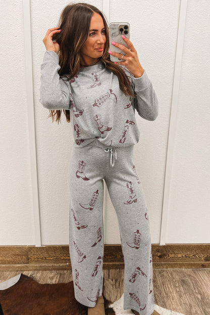 Gray cowgirl boot print lounge set with long sleeve top and adjustable pants