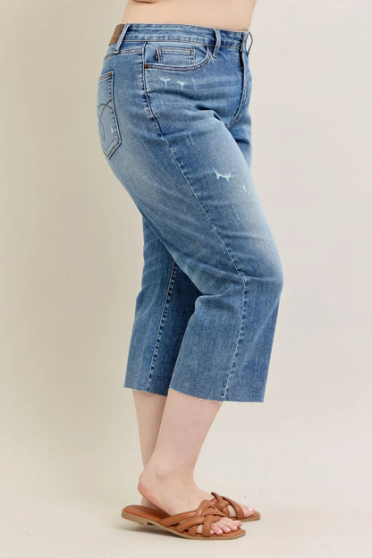 Judy Blue Plus Size High Waist Back Destroyed Raw Cut Hem Crop Wide Leg Jeans - Love Salve 