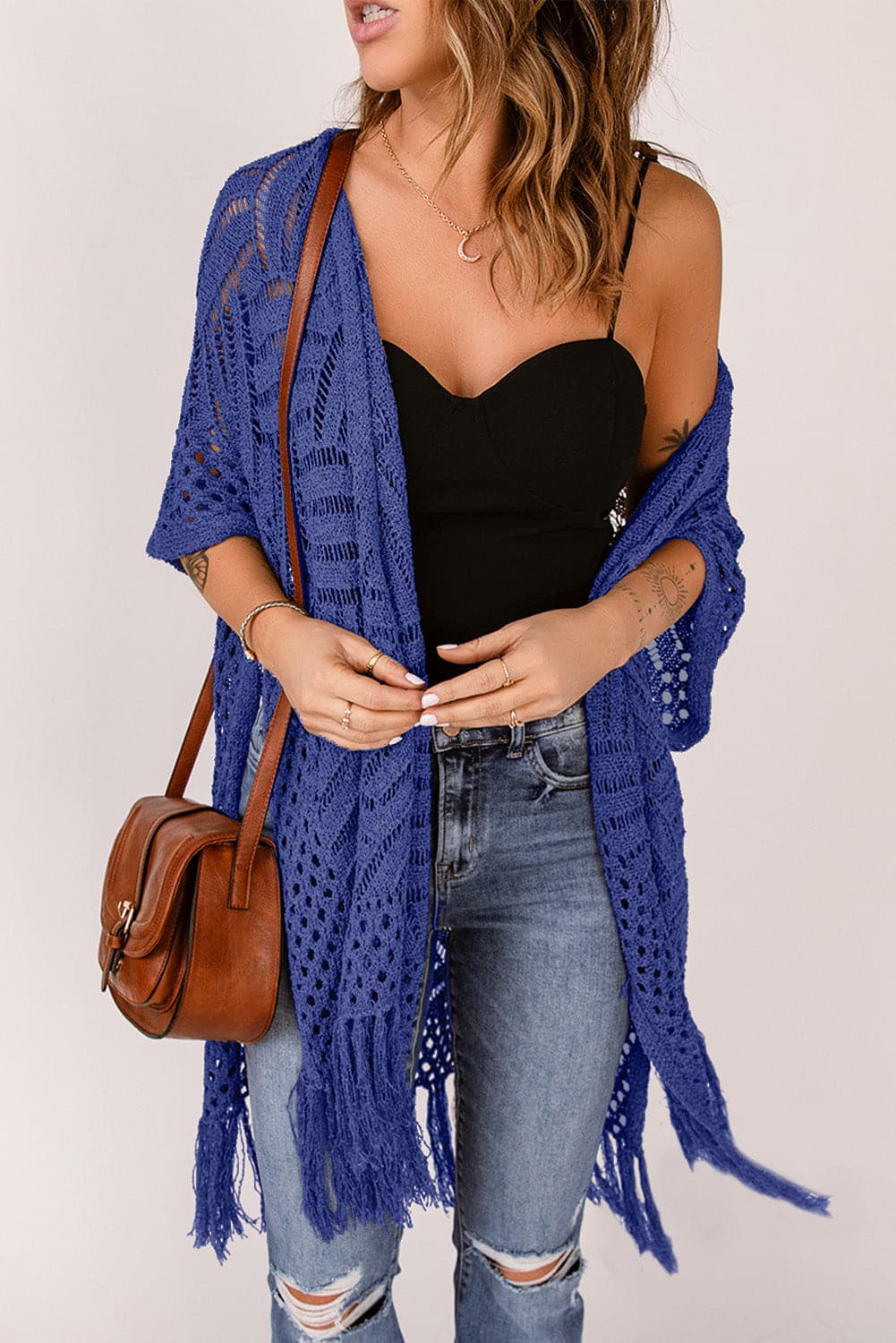 Openwork Open Front Cardigan with Fringes.