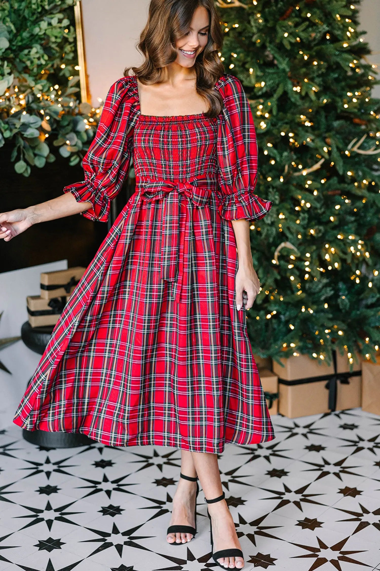 Red Tartan Plaid Square Neck Puff Sleeve Knot Waist Flared Midi Dress Dear-Lover Dropshipping