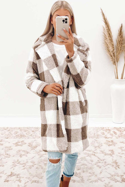 Chic brown plaid open front coat with lapel collar