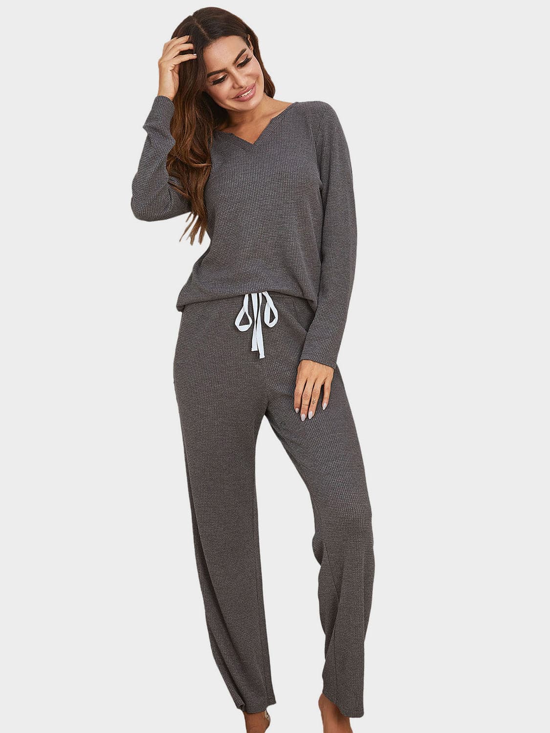 Chic Notched Long Sleeve Top and Pants Combo